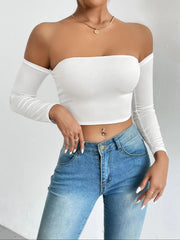 Casual Off Shoulder Backless Long Sleeve High Stretch Crop Top Mssza