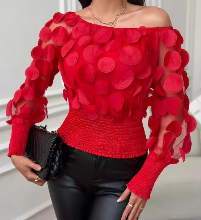 CasualOff Shoulder Floral Pattern Shirred Sheer Mesh Patch Top Mssza