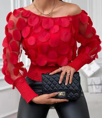 CasualOff Shoulder Floral Pattern Shirred Sheer Mesh Patch Top Mssza