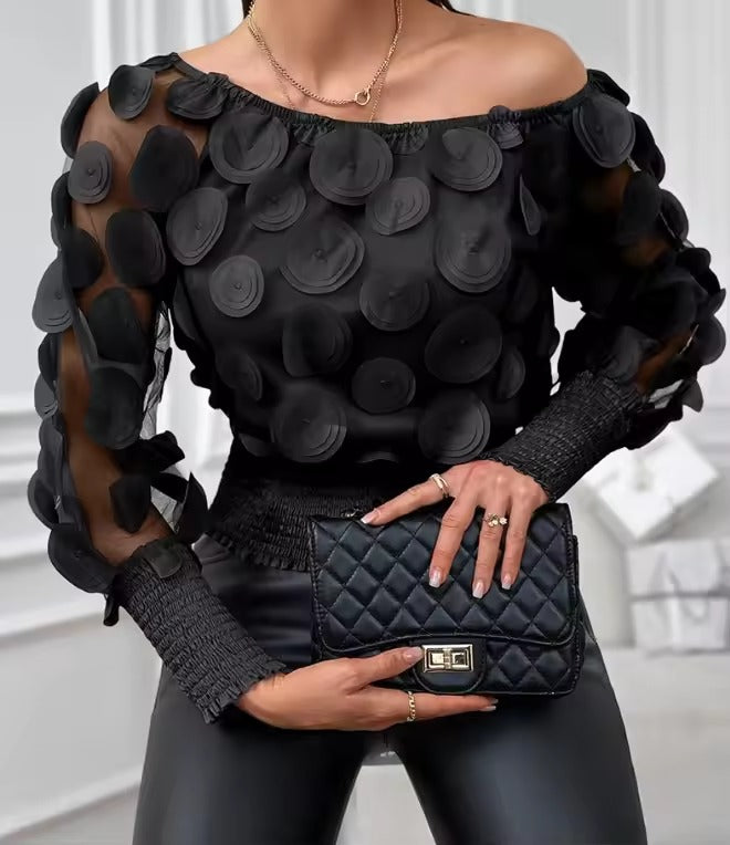 CasualOff Shoulder Floral Pattern Shirred Sheer Mesh Patch Top Mssza