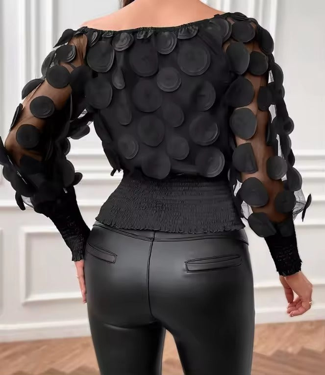 CasualOff Shoulder Floral Pattern Shirred Sheer Mesh Patch Top Mssza