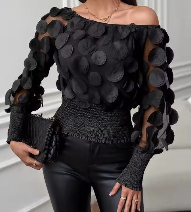 CasualOff Shoulder Floral Pattern Shirred Sheer Mesh Patch Top Mssza