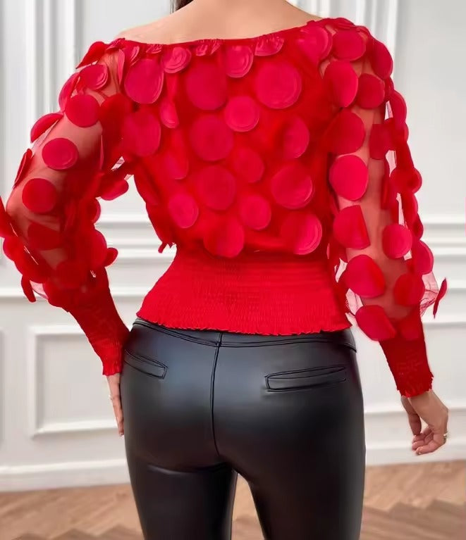 CasualOff Shoulder Floral Pattern Shirred Sheer Mesh Patch Top Mssza