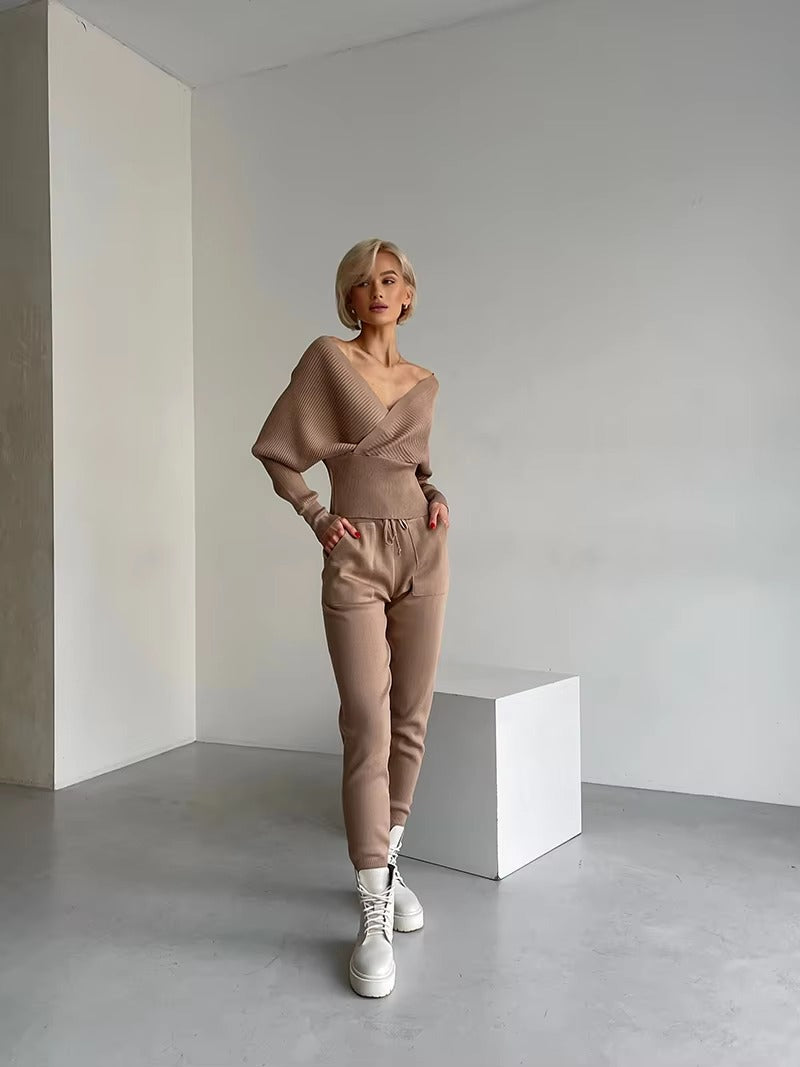 CasualOff Shoulder Knitted Tracksuit Two Piece Set Mssza