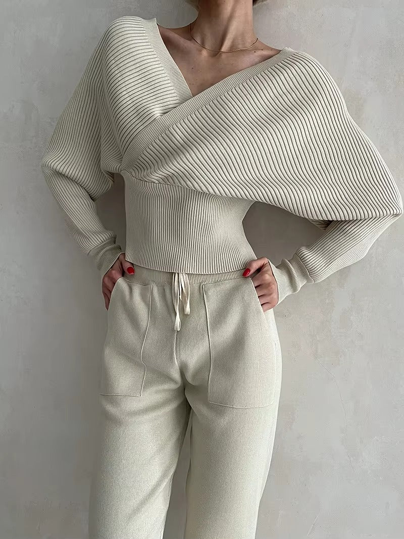 CasualOff Shoulder Knitted Tracksuit Two Piece Set Mssza