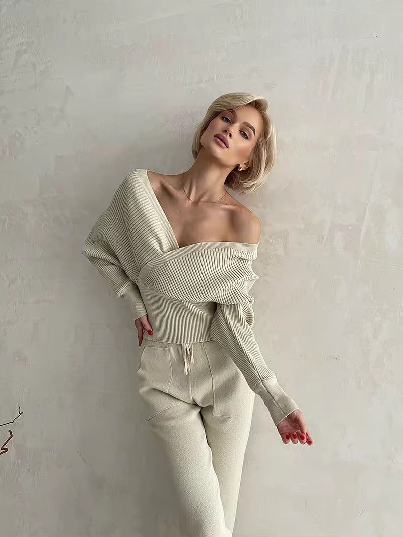 CasualOff Shoulder Knitted Tracksuit Two Piece Set Mssza