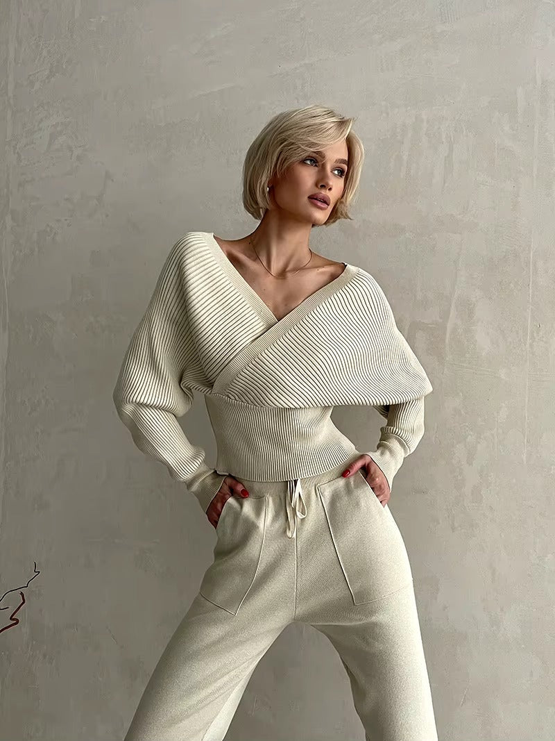CasualOff Shoulder Knitted Tracksuit Two Piece Set Mssza