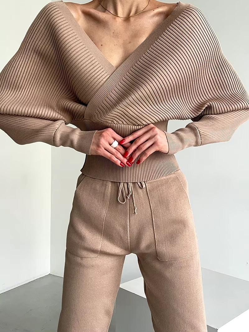 CasualOff Shoulder Knitted Tracksuit Two Piece Set Mssza