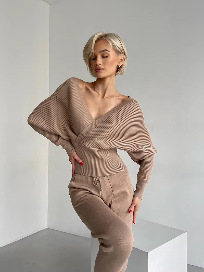 CasualOff Shoulder Knitted Tracksuit Two Piece Set Mssza