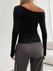 Casual Off Shoulder Lace Patchwork Slight Stretch Slim Solid Tops Mssza
