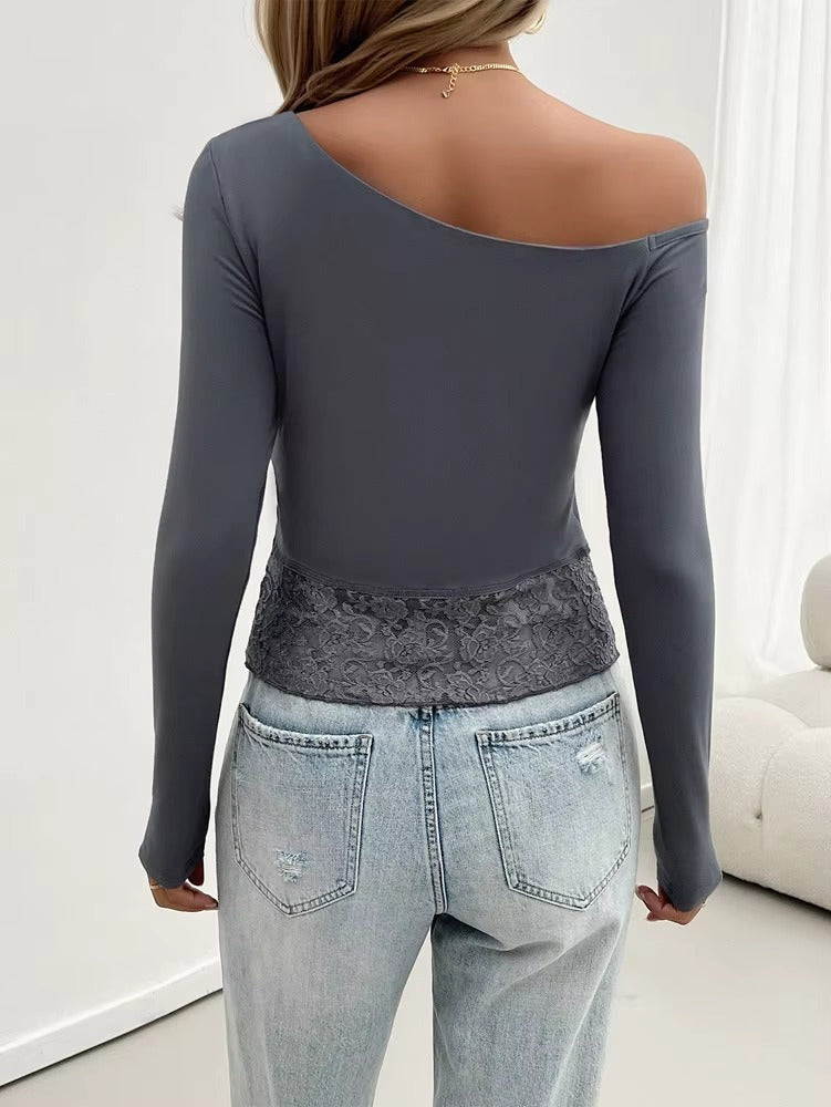 Casual Off Shoulder Lace Patchwork Slight Stretch Slim Solid Tops Mssza