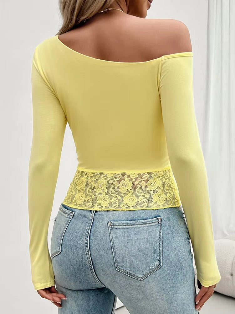 Casual Off Shoulder Lace Patchwork Slight Stretch Slim Solid Tops Mssza