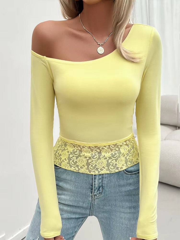 Casual Off Shoulder Lace Patchwork Slight Stretch Slim Solid Tops Mssza