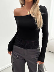 Casual Off Shoulder Lace Patchwork Slight Stretch Slim Solid Tops Mssza