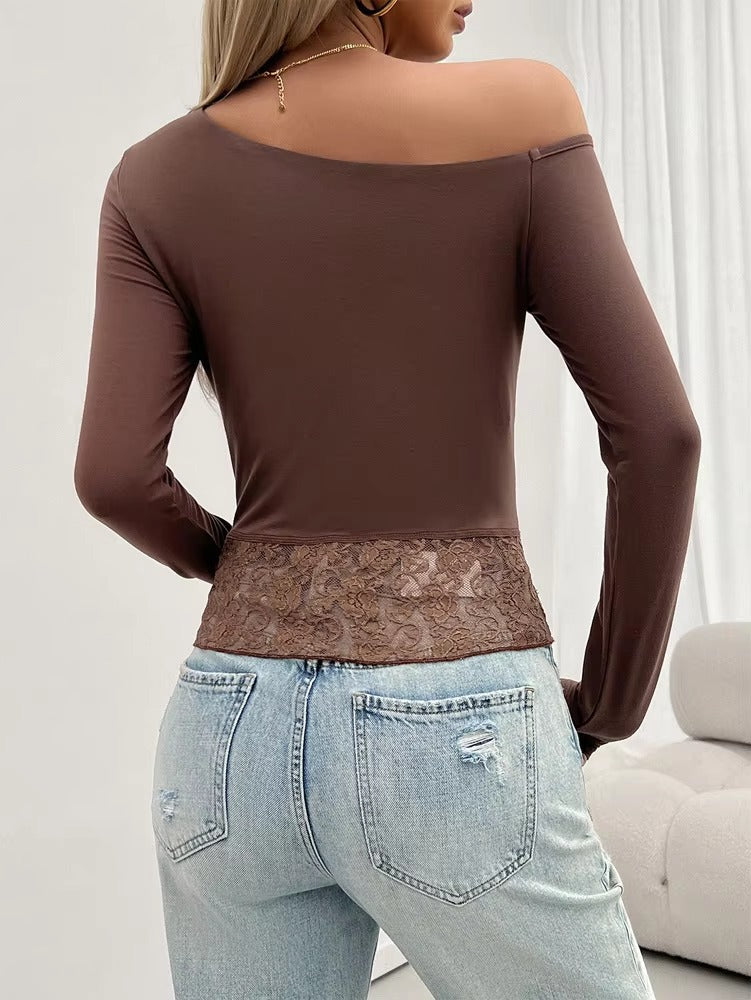 Casual Off Shoulder Lace Patchwork Slight Stretch Slim Solid Tops Mssza