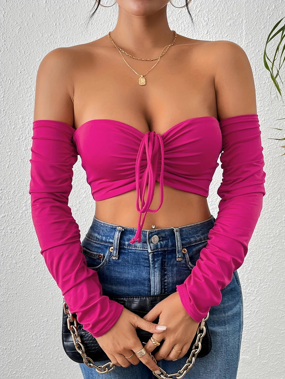 Casual Off Shoulder Long Sleeve Front Flattering Fit Ruched Crop T-Shirt Mssza