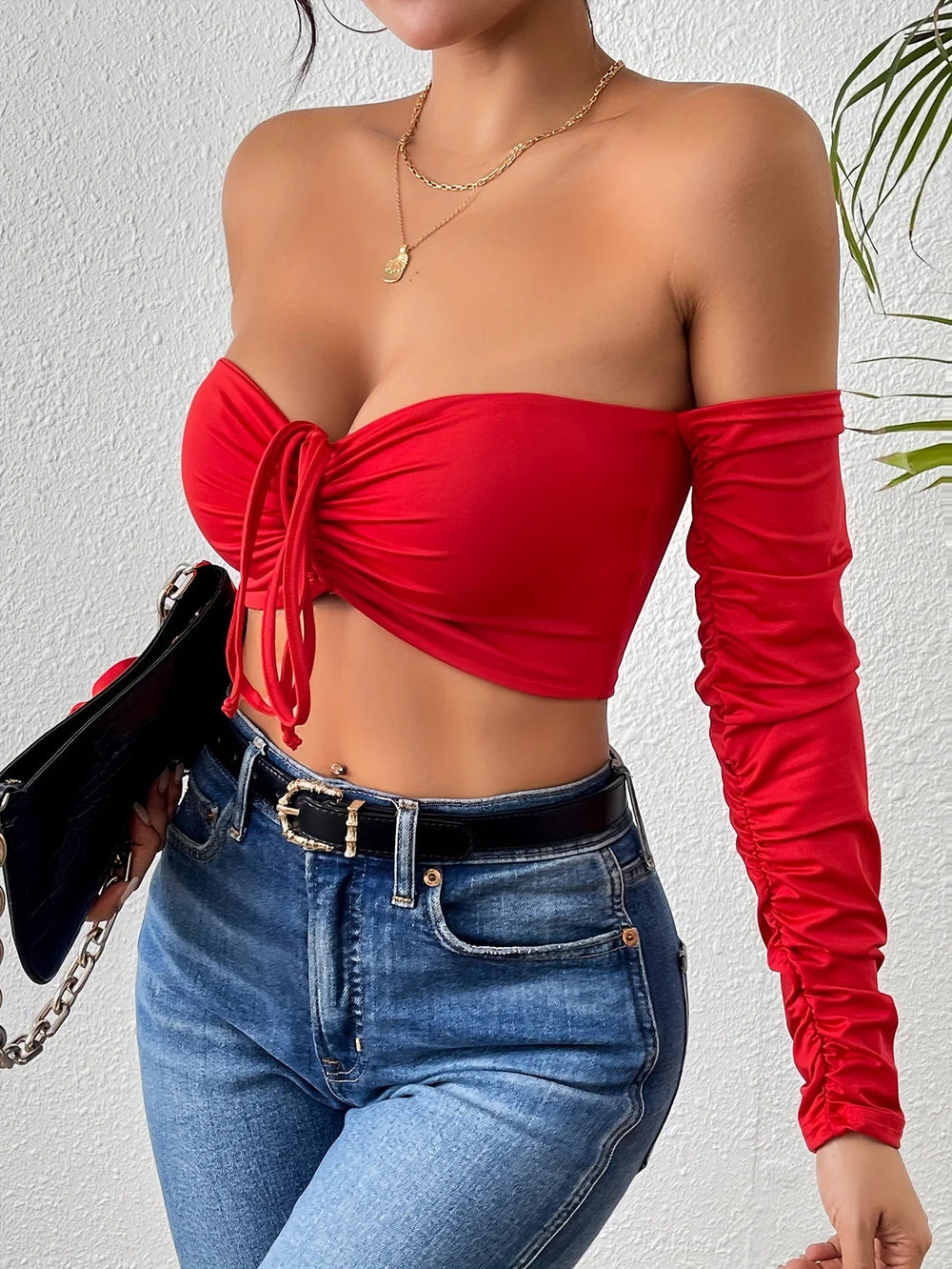 Casual Off Shoulder Long Sleeve Front Flattering Fit Ruched Crop T-Shirt Mssza