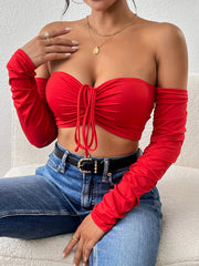 Casual Off Shoulder Long Sleeve Front Flattering Fit Ruched Crop T-Shirt Mssza