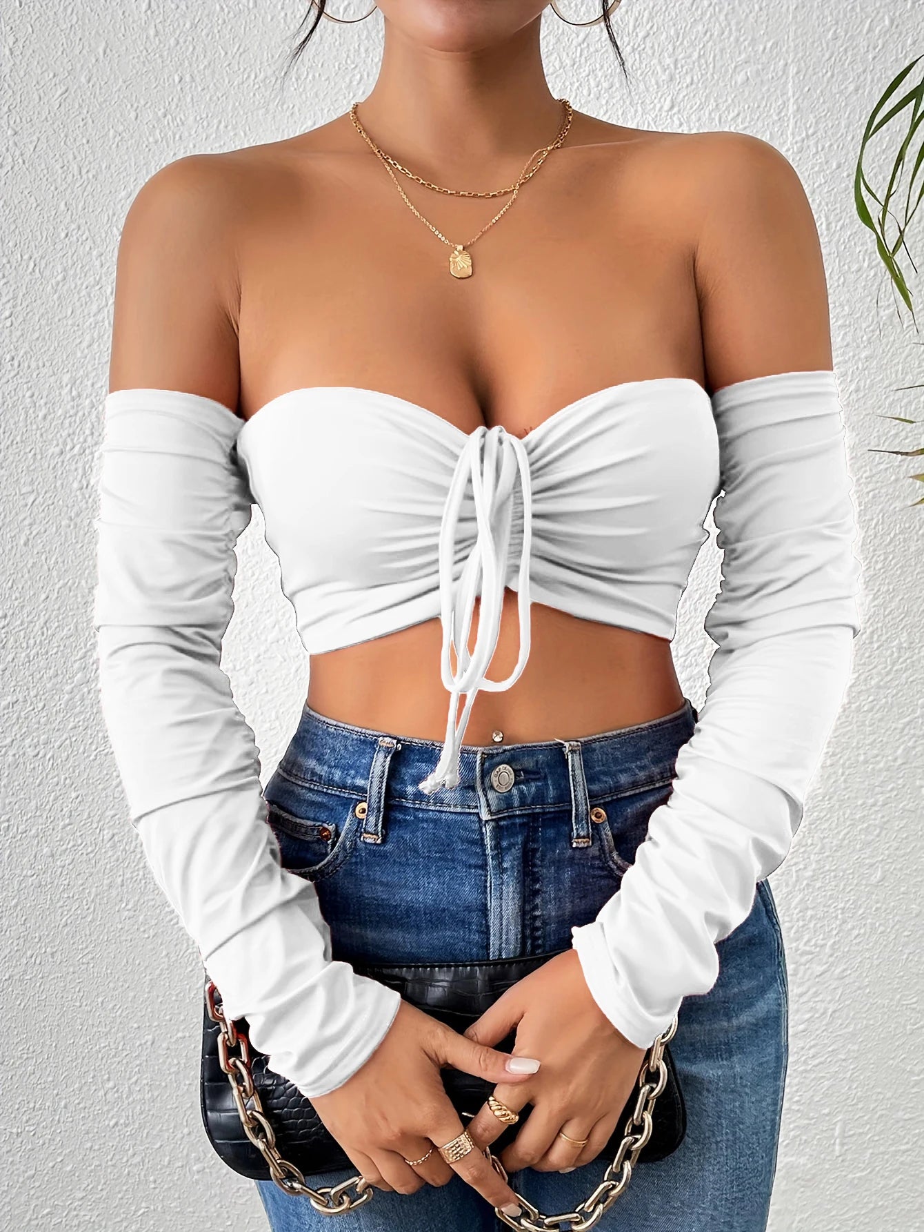 Casual Off Shoulder Long Sleeve Front Flattering Fit Ruched Crop T-Shirt Mssza