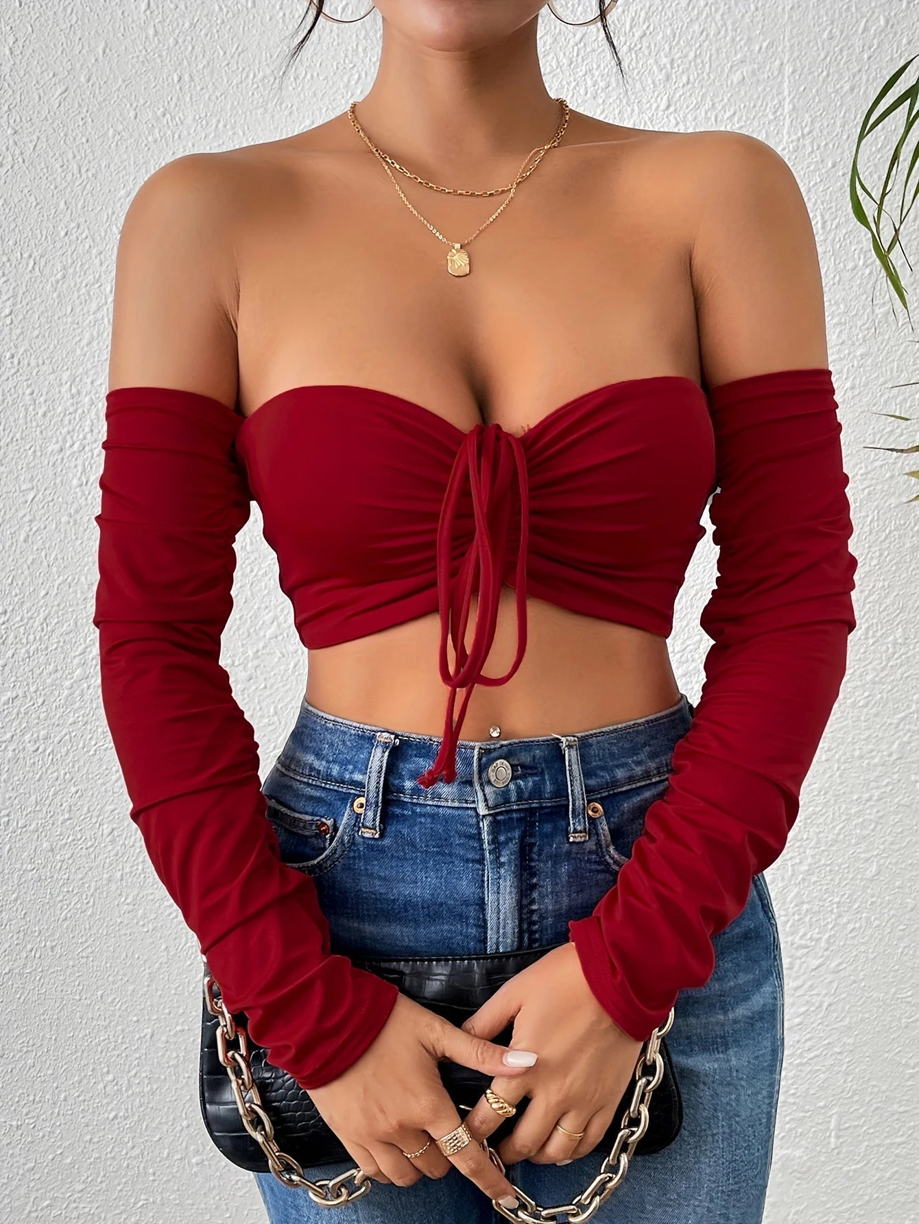 Casual Off Shoulder Long Sleeve Front Flattering Fit Ruched Crop T-Shirt Mssza