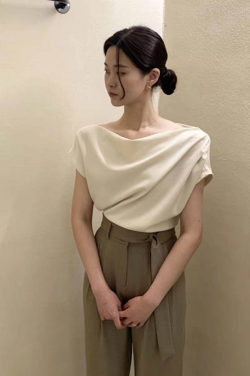 Casual Off Shoulder Short Sleeve Pleated Chiffon Top Blouse Mssza