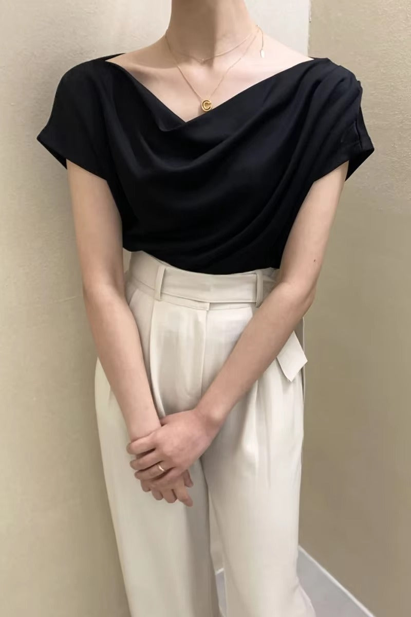 Casual Off Shoulder Short Sleeve Pleated Chiffon Top Blouse Mssza