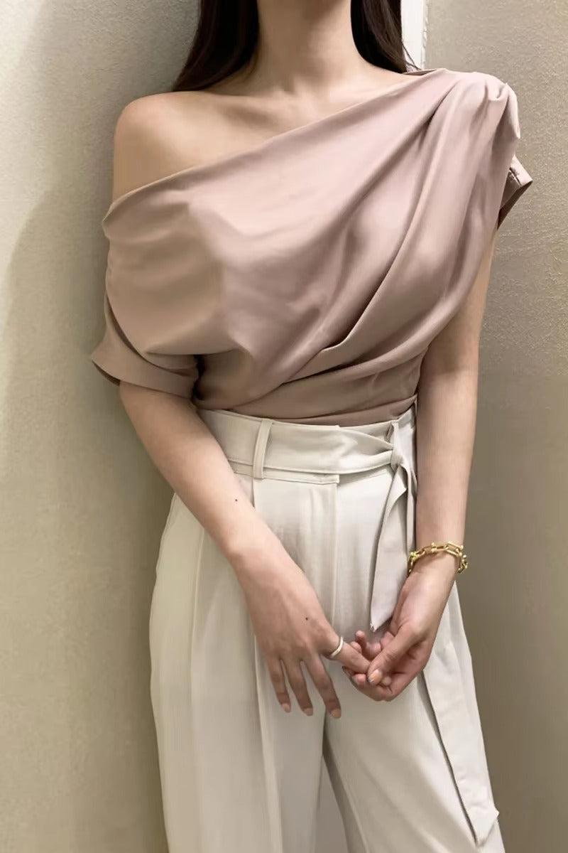 Casual Off Shoulder Short Sleeve Pleated Chiffon Top Blouse Mssza