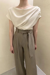 Casual Off Shoulder Short Sleeve Pleated Chiffon Top Blouse Mssza