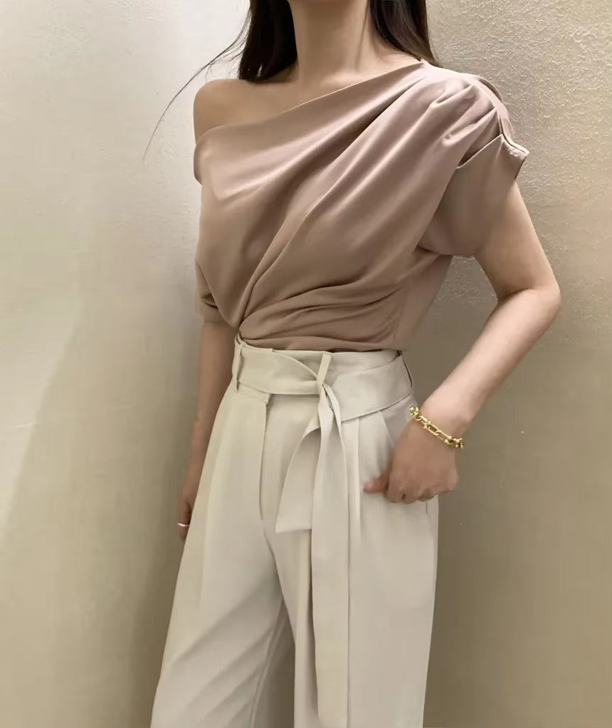Casual Off Shoulder Short Sleeve Pleated Chiffon Top Blouse Mssza