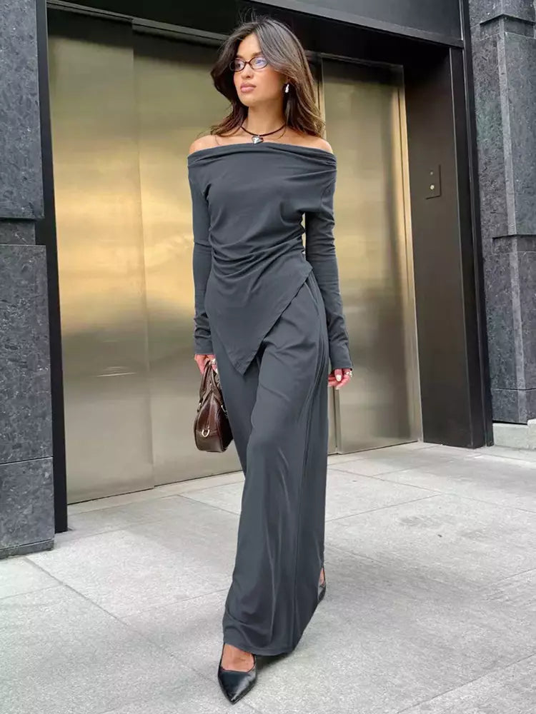Casual Off-shoulder Ruched Top And Wide Leg Pants Two Piece Set Mssza