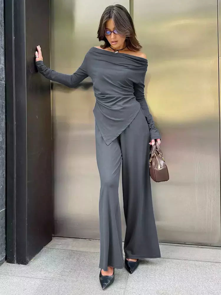 Casual Off-shoulder Ruched Top And Wide Leg Pants Two Piece Set Mssza