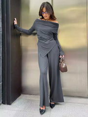 Casual Off-shoulder Ruched Top And Wide Leg Pants Two Piece Set Mssza