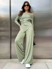 Casual Off-shoulder Ruched Top And Wide Leg Pants Two Piece Set Mssza