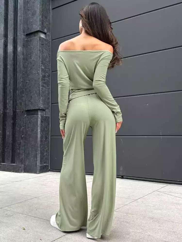 Casual Off-shoulder Ruched Top And Wide Leg Pants Two Piece Set Mssza