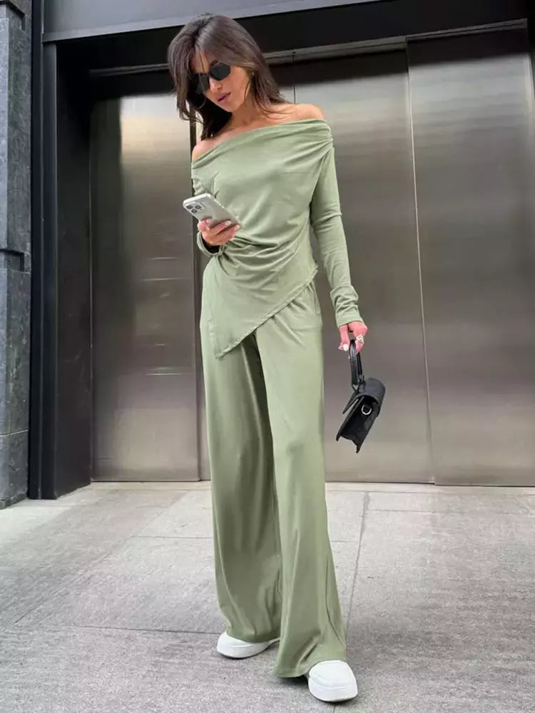 Casual Off-shoulder Ruched Top And Wide Leg Pants Two Piece Set Mssza