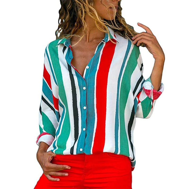 Casual Office Striped Turn Down Collar Long Sleeve Shirt Mssza