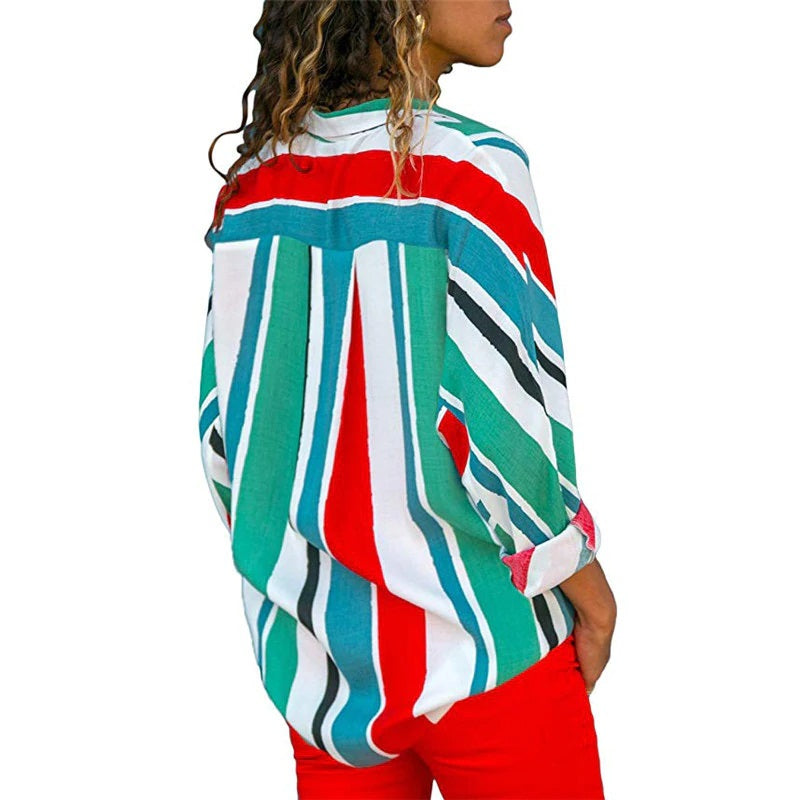 Casual Office Striped Turn Down Collar Long Sleeve Shirt Mssza