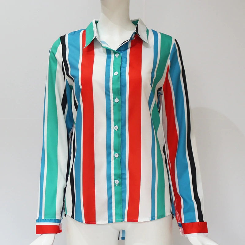 Casual Office Striped Turn Down Collar Long Sleeve Shirt Mssza