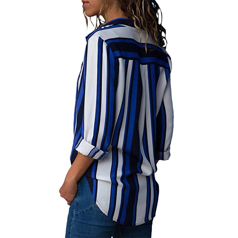 Casual Office Striped Turn Down Collar Long Sleeve Shirt Mssza