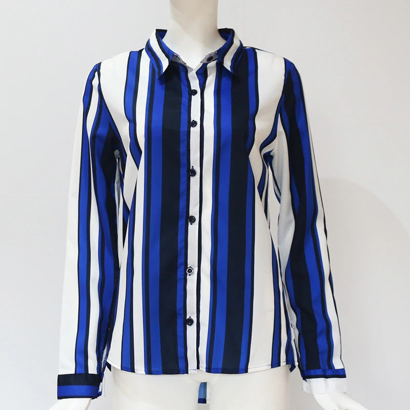 Casual Office Striped Turn Down Collar Long Sleeve Shirt Mssza