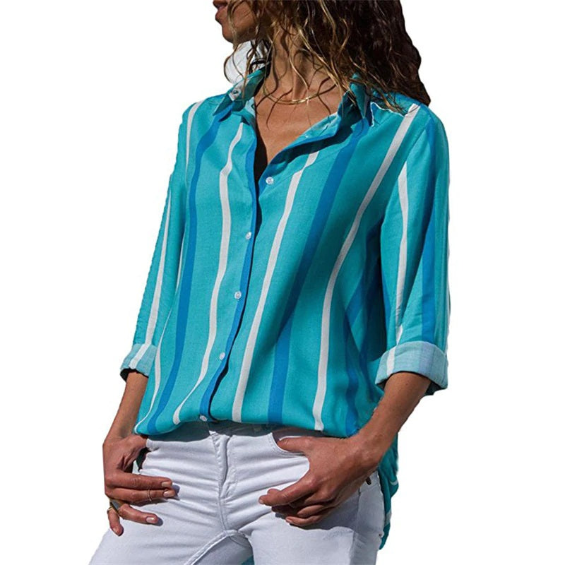 Casual Office Striped Turn Down Collar Long Sleeve Shirt Mssza