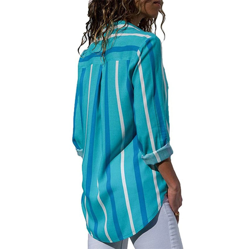 Casual Office Striped Turn Down Collar Long Sleeve Shirt Mssza