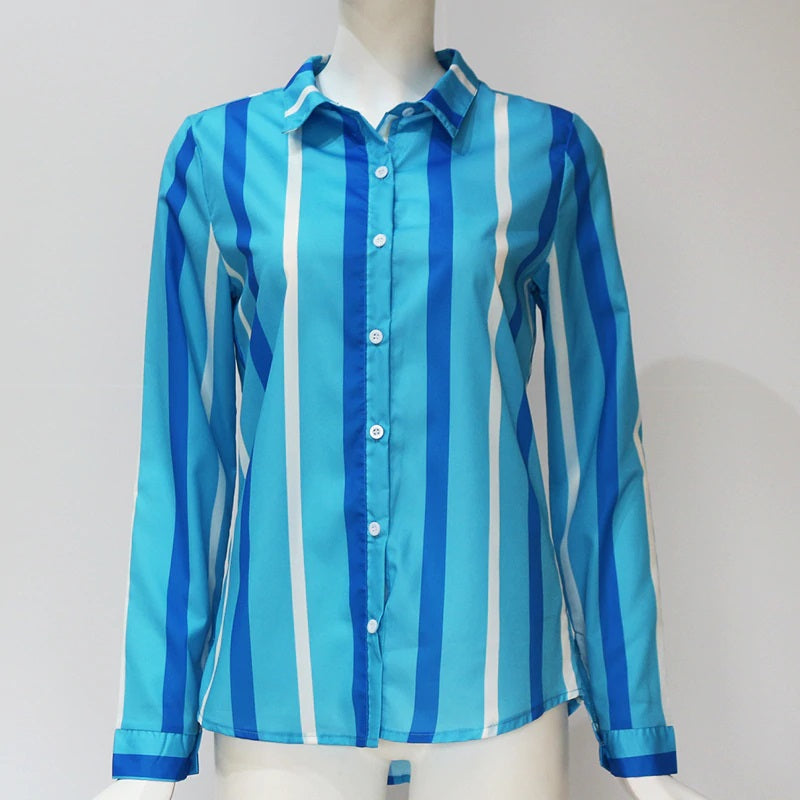 Casual Office Striped Turn Down Collar Long Sleeve Shirt Mssza