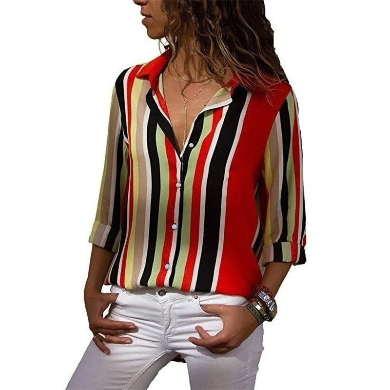 Casual Office Striped Turn Down Collar Long Sleeve Shirt Mssza