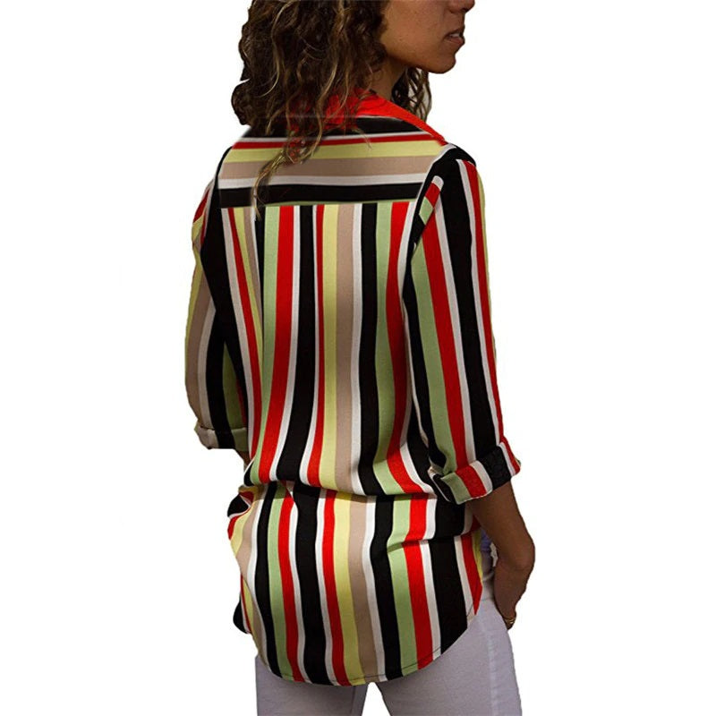 Casual Office Striped Turn Down Collar Long Sleeve Shirt Mssza
