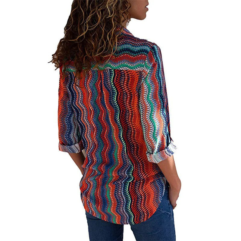 Casual Office Striped Turn Down Collar Long Sleeve Shirt Mssza