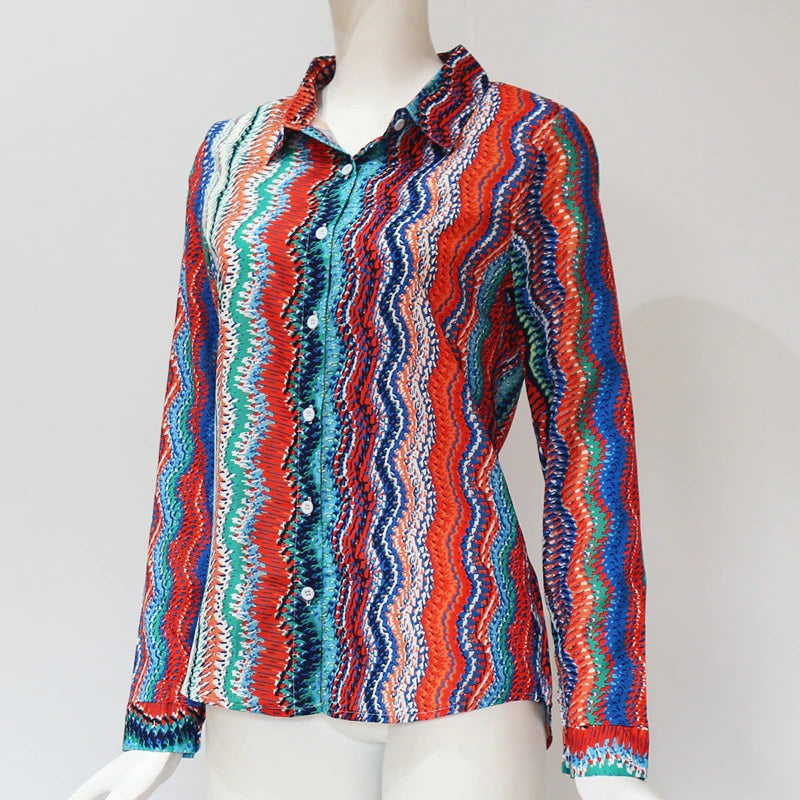 Casual Office Striped Turn Down Collar Long Sleeve Shirt Mssza