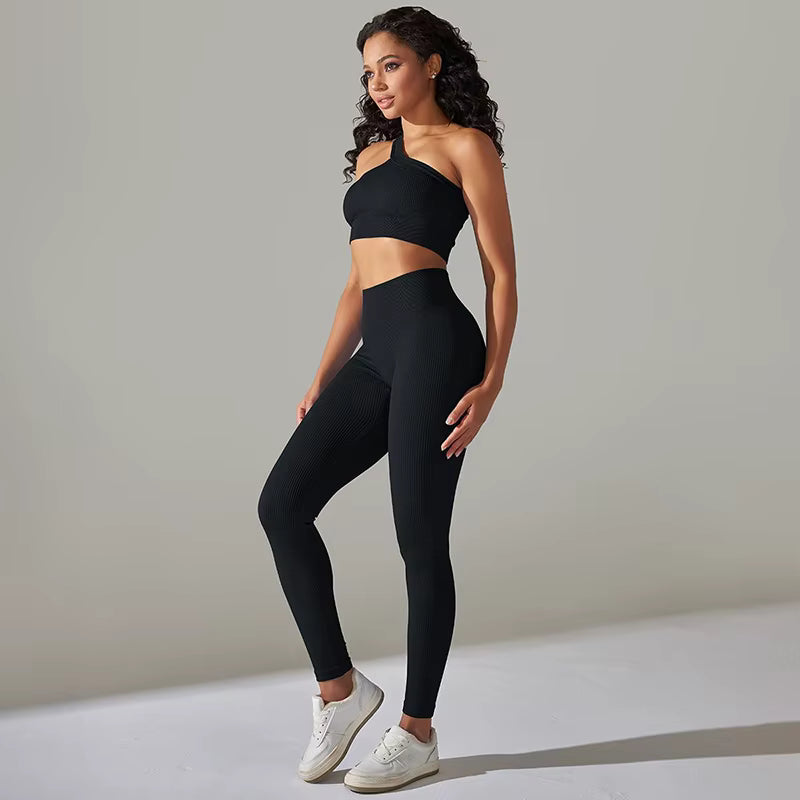 One Shoulder Crop Top High Waist Leggings Ribbed Two Piece Set Mssza