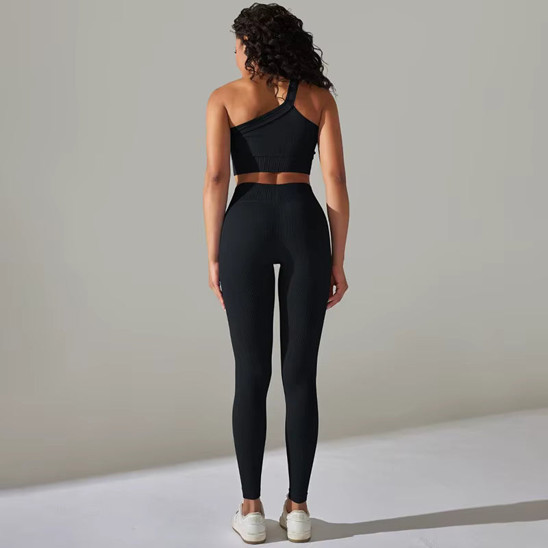 One Shoulder Crop Top High Waist Leggings Ribbed Two Piece Set Mssza
