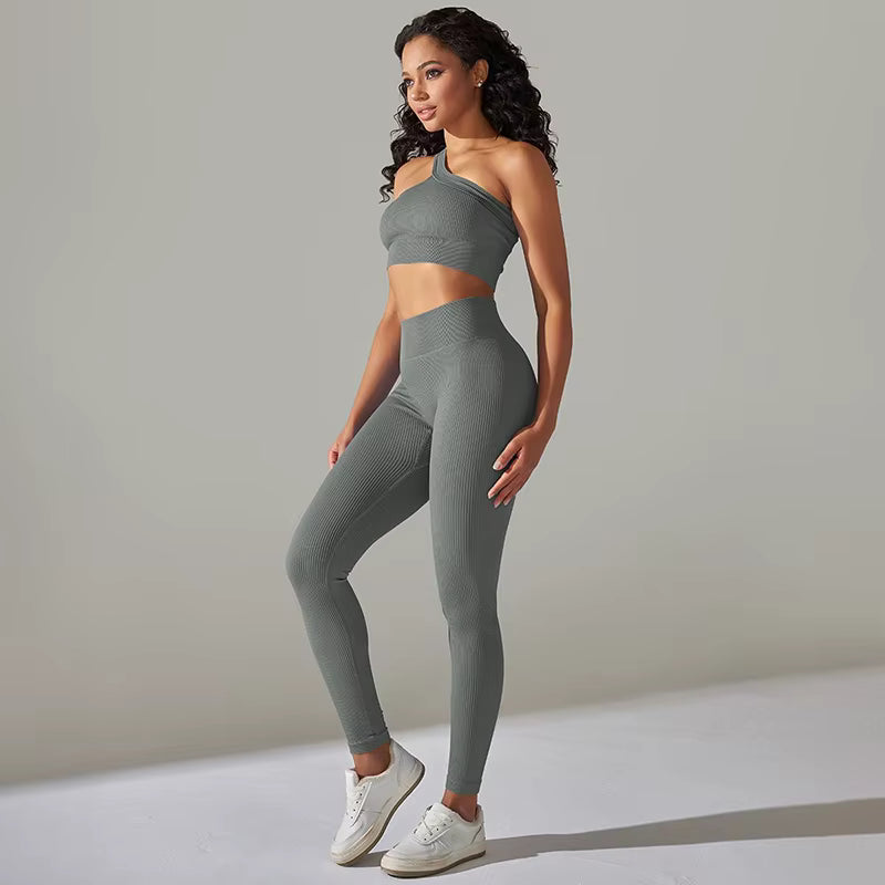 One Shoulder Crop Top High Waist Leggings Ribbed Two Piece Set Mssza